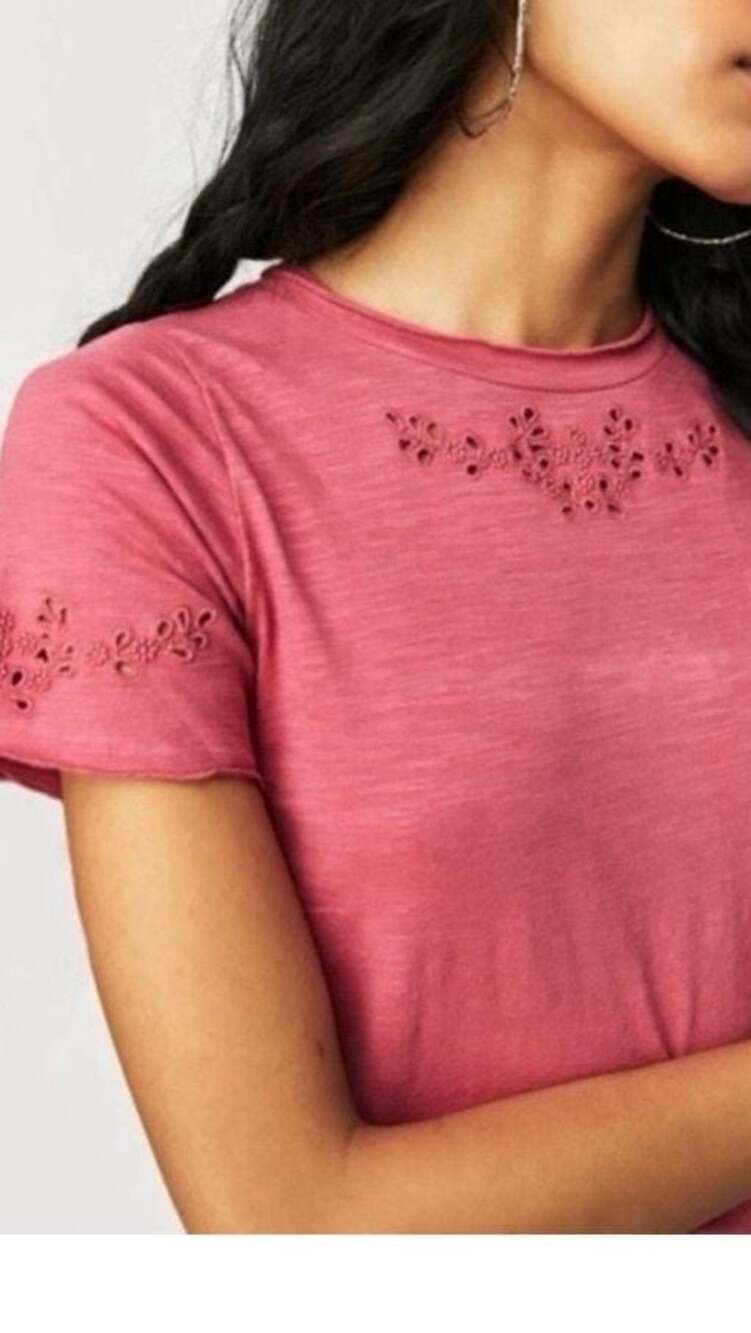Free People Call Me Baby Eyelet SS Top Pink Berry Twist Size M boho Festival